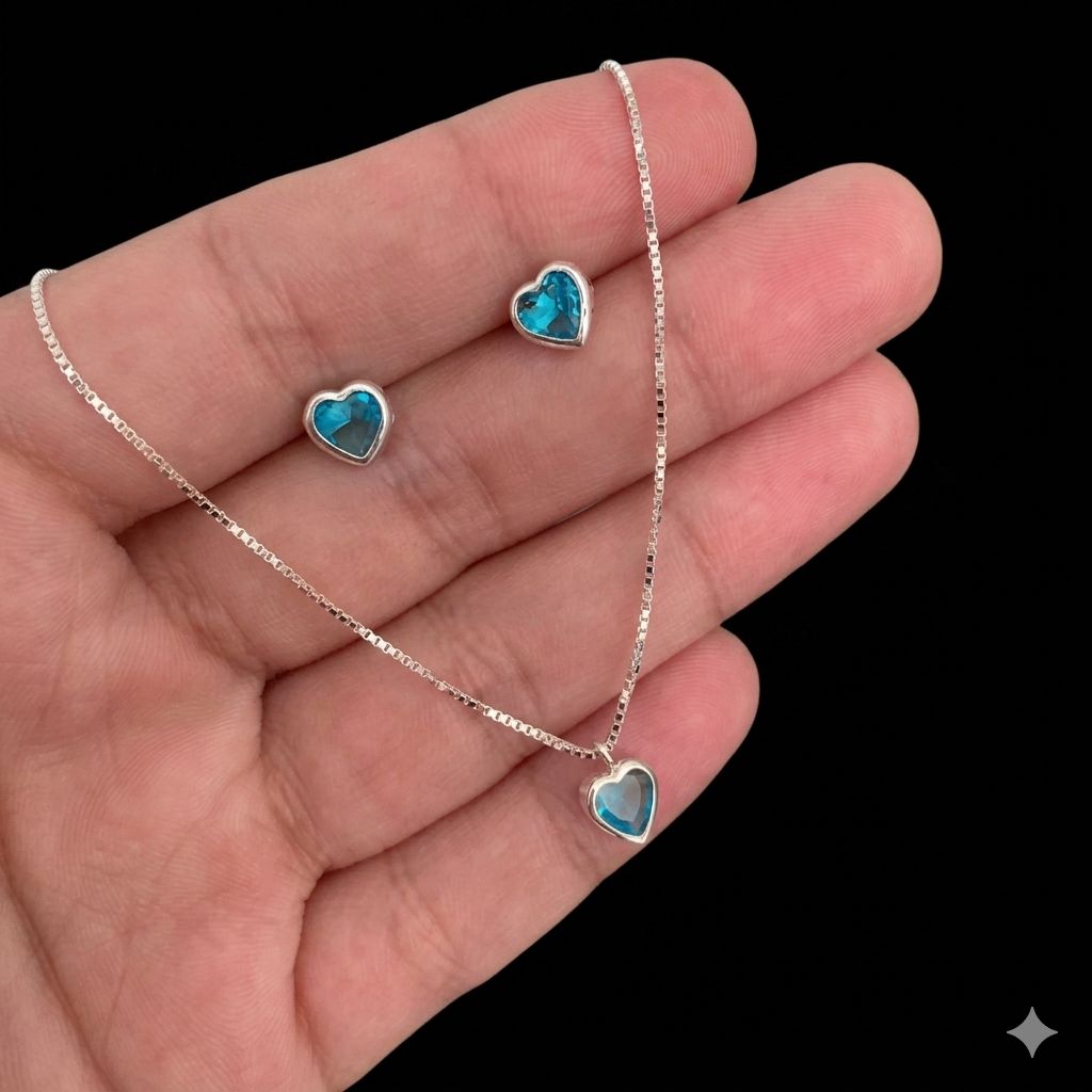 CONJUNTO PONTO LUZ CORAÇÃO VERDE ÁGUA 6MM - Imagem 3
