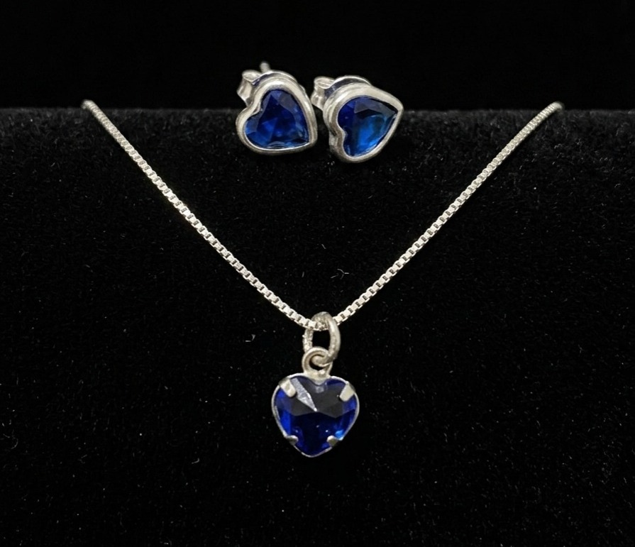 Conjunto Coração azul em Prata 925