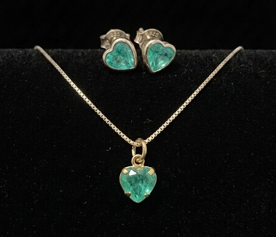 CONJUNTO PONTO LUZ CORAÇÃO VERDE ÁGUA 6MM
